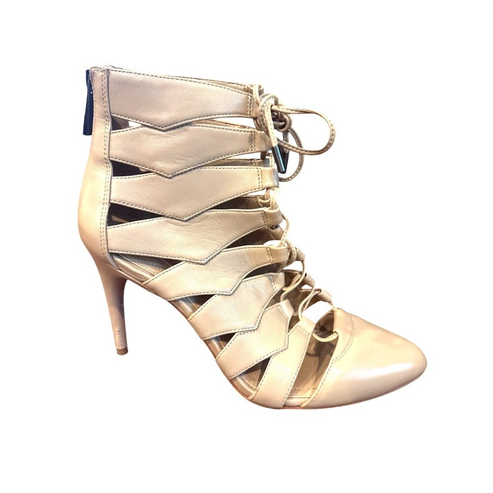 BCBGMAXAZRIA Bren Lace Up Cutout Booties Heels Beige Leather Women's 9M READ